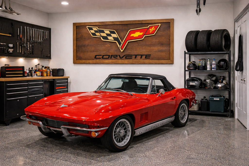 Hand-Carved Corvette Wooden Wall Art – Luxury Garage & Showroom Decor