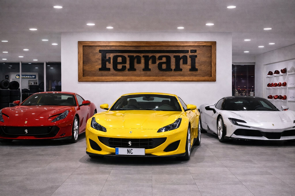 Hand-Carved Ferrari Wooden Wall Art – Luxury Garage & Showroom Decor