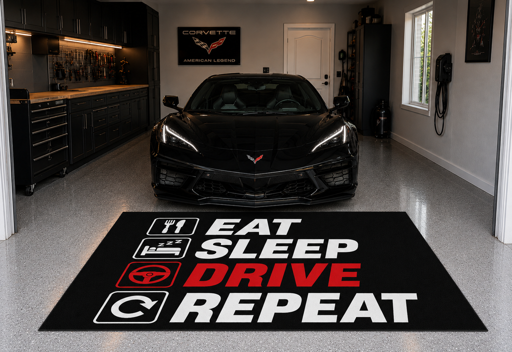 EAT / SLEEP / DRIVE Garage Floor Mat 5x7 FT (60x87 Inches) Showroom Rug