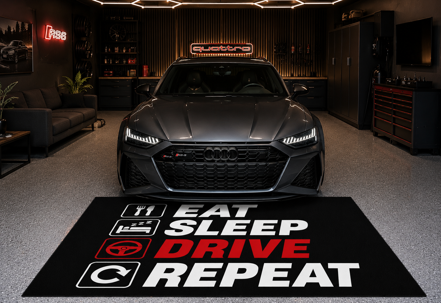 EAT / SLEEP / DRIVE Garage Floor Mat 5x7 FT (60x87 Inches) Showroom Rug