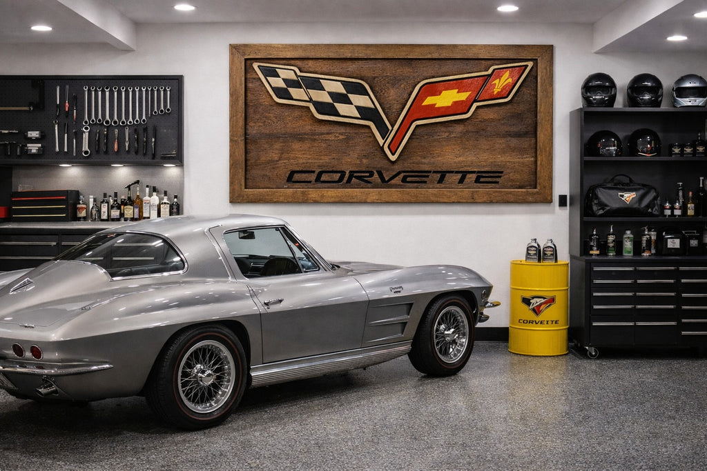 Hand-Carved Corvette Wooden Wall Art – Luxury Garage & Showroom Decor