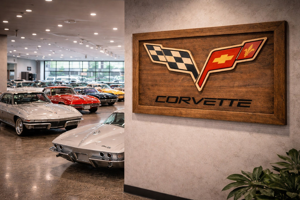 Hand-Carved Corvette Wooden Wall Art – Luxury Garage & Showroom Decor