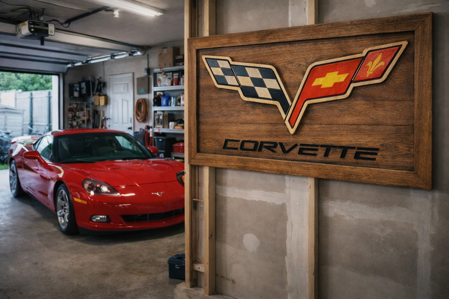 Hand-Carved Corvette Wooden Wall Art – Luxury Garage & Showroom Decor