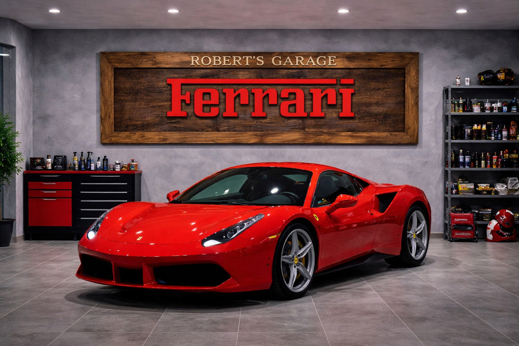 Hand-Carved Ferrari Wooden Wall Art – Luxury Garage & Showroom Decor